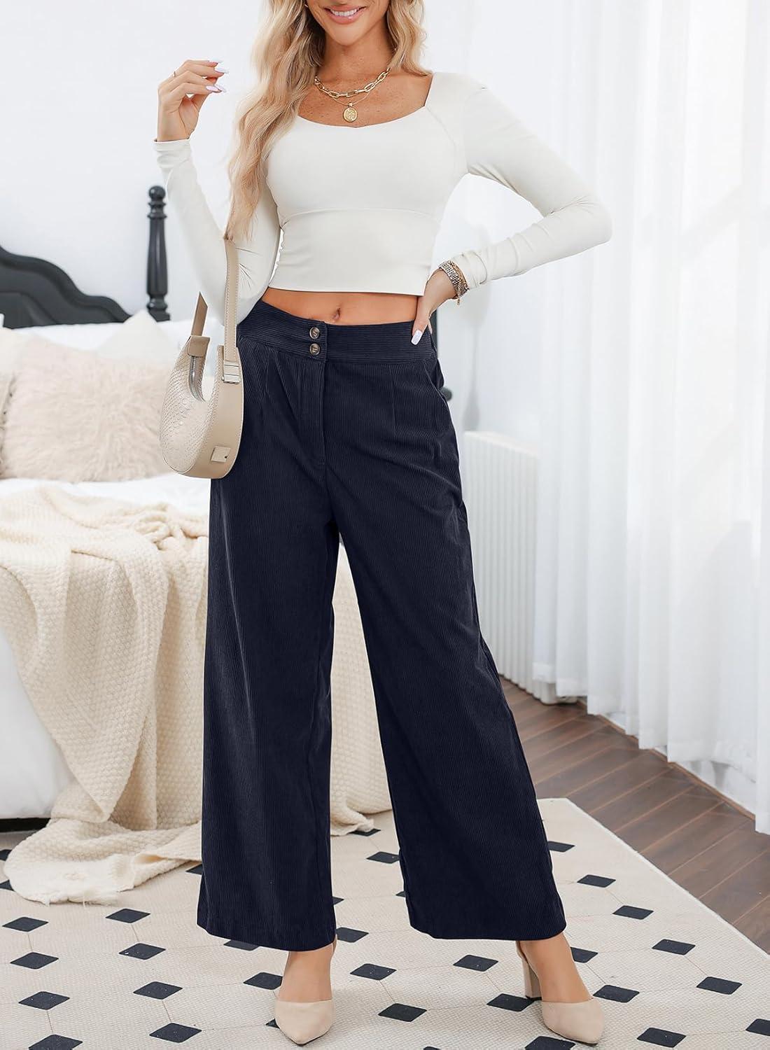imageSidefeel Corduroy Pants for Women 2025 Casual High Waisted Double Buttoned Stretchy Loose Fit Wide Leg Pants with PocketsNavy Blue