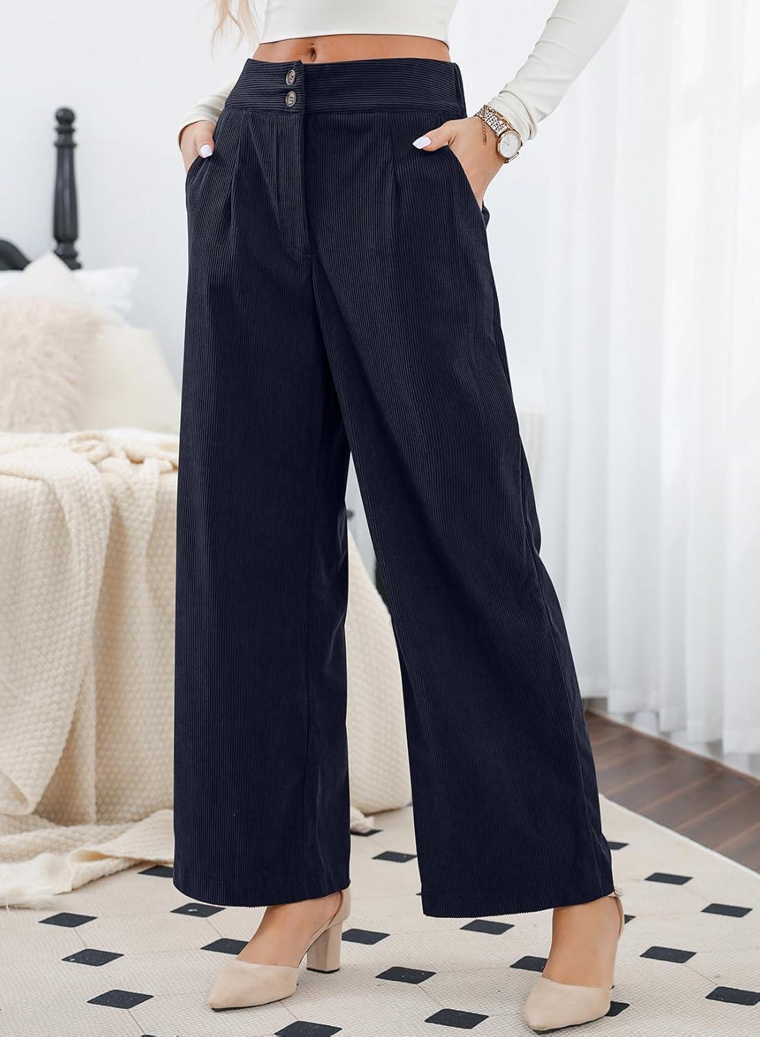 imageSidefeel Corduroy Pants for Women 2025 Casual High Waisted Double Buttoned Stretchy Loose Fit Wide Leg Pants with PocketsNavy Blue