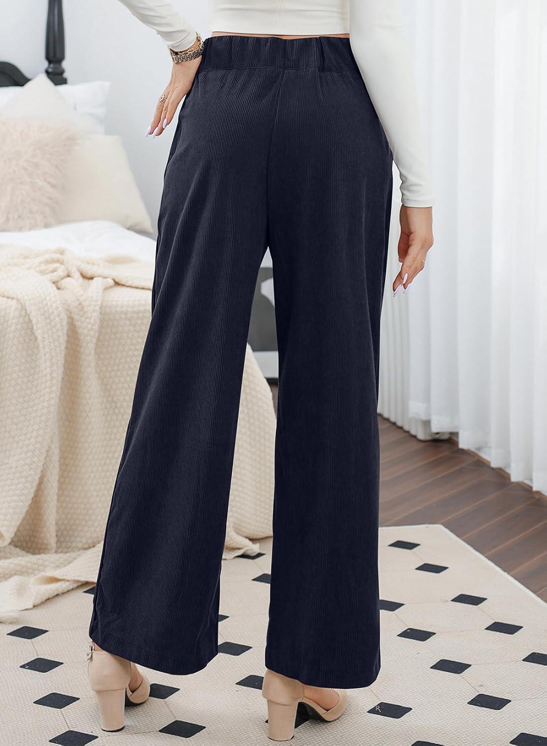 imageSidefeel Corduroy Pants for Women 2025 Casual High Waisted Double Buttoned Stretchy Loose Fit Wide Leg Pants with PocketsNavy Blue