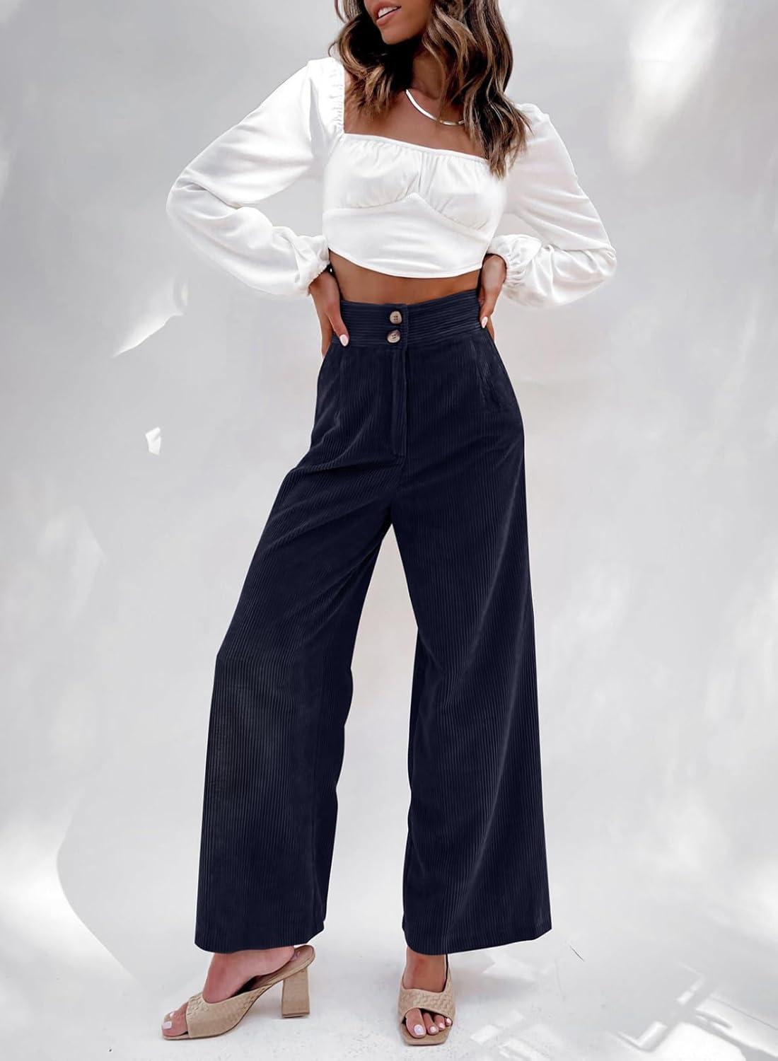 imageSidefeel Corduroy Pants for Women 2025 Casual High Waisted Double Buttoned Stretchy Loose Fit Wide Leg Pants with PocketsNavy Blue