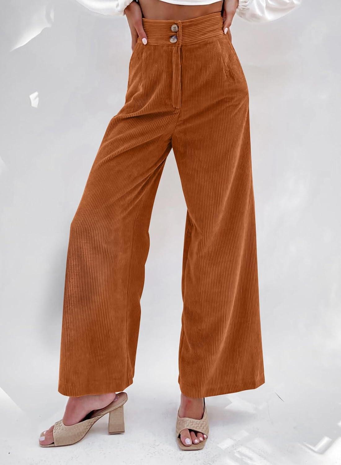 imageSidefeel Corduroy Pants for Women 2025 Casual High Waisted Double Buttoned Stretchy Loose Fit Wide Leg Pants with PocketsOrange
