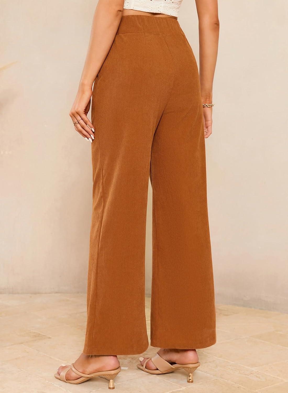 imageSidefeel Corduroy Pants for Women 2025 Casual High Waisted Double Buttoned Stretchy Loose Fit Wide Leg Pants with PocketsOrange