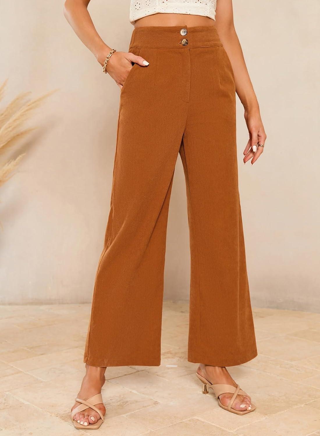 imageSidefeel Corduroy Pants for Women 2025 Casual High Waisted Double Buttoned Stretchy Loose Fit Wide Leg Pants with PocketsOrange