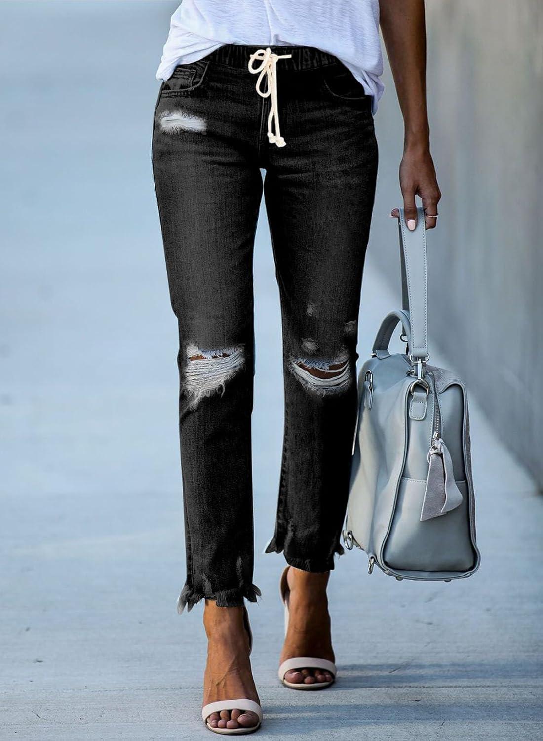 imageSidefeel Womens Zimbaplatinum Drawstring Jeans High Waisted Ripped Boyfriend Pull On Denim Joggers TrousersY1 Black