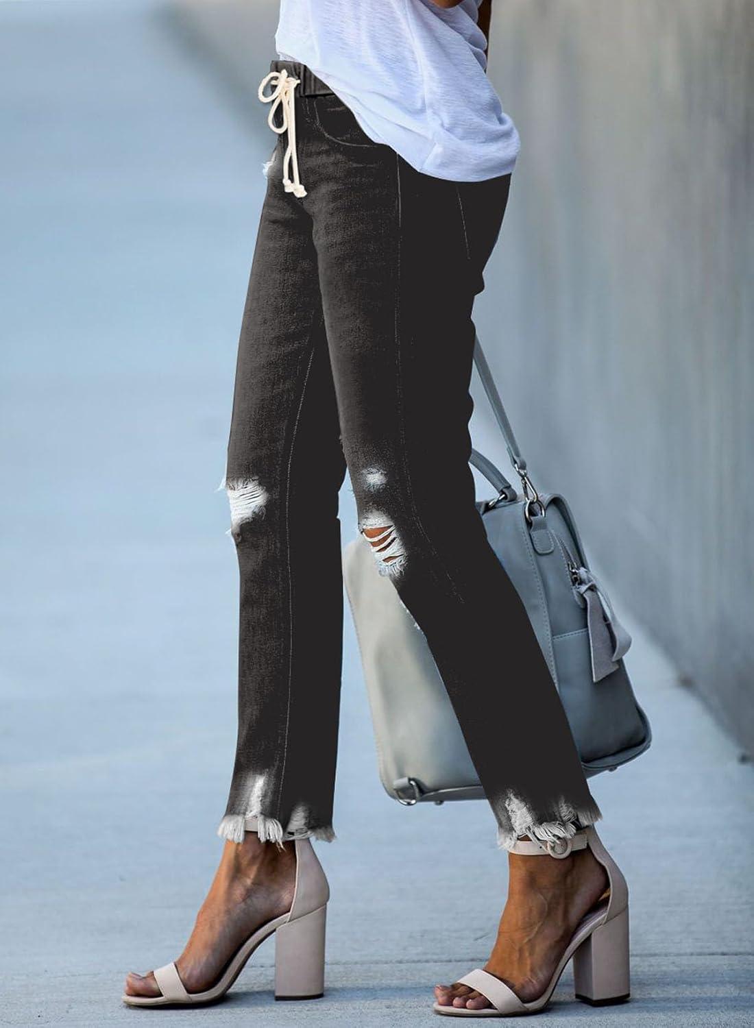 imageSidefeel Womens Zimbaplatinum Drawstring Jeans High Waisted Ripped Boyfriend Pull On Denim Joggers TrousersY1 Black