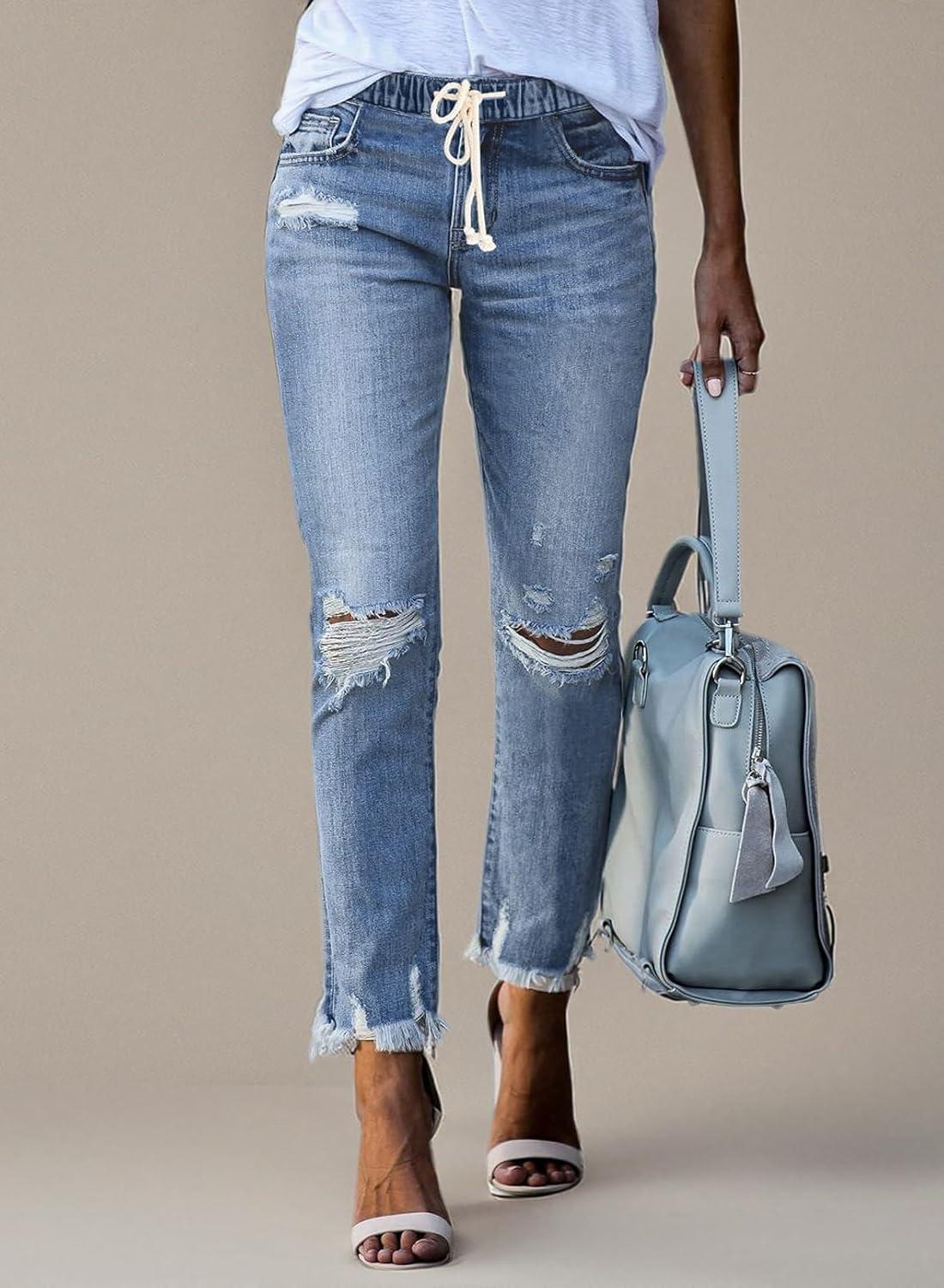 imageSidefeel Womens Zimbaplatinum Drawstring Jeans High Waisted Ripped Boyfriend Pull On Denim Joggers TrousersY1 Sky Blue