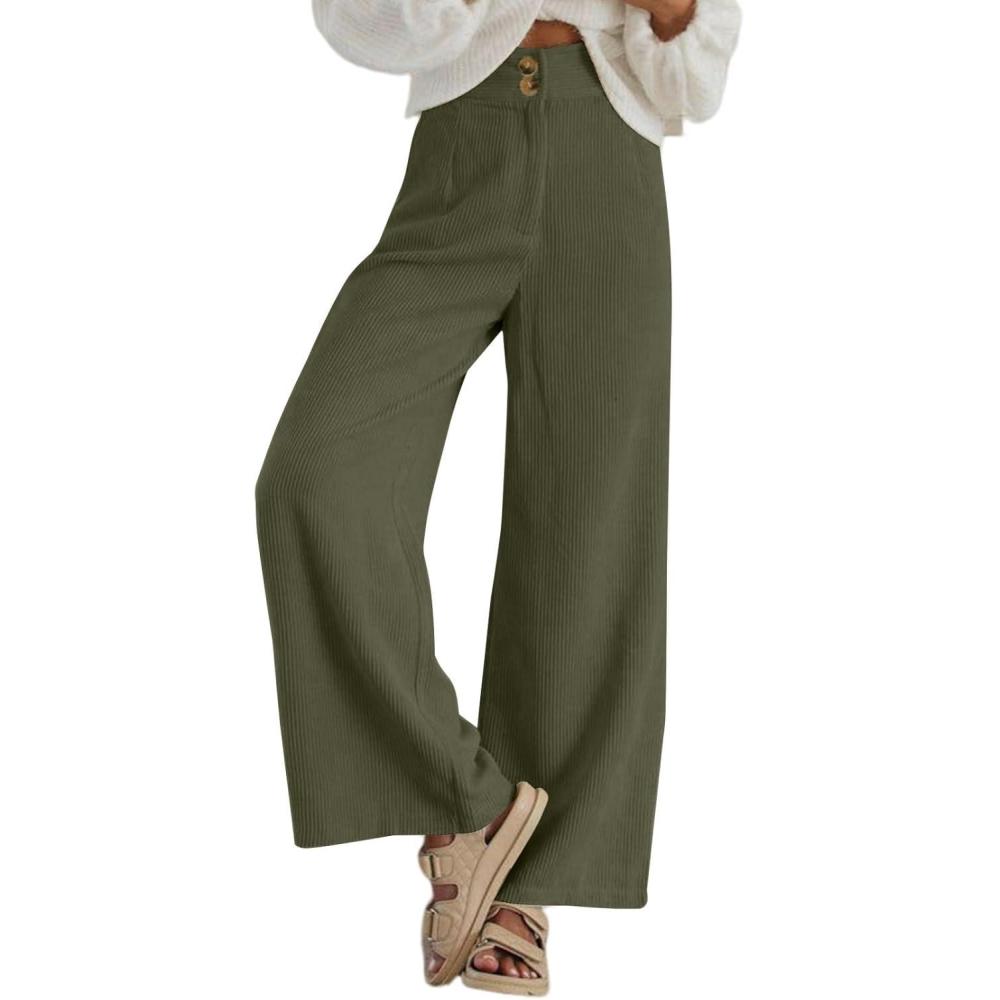 imageSidefeel Corduroy Pants for Women 2025 Casual High Waisted Double Buttoned Stretchy Loose Fit Wide Leg Pants with PocketsArmy Green