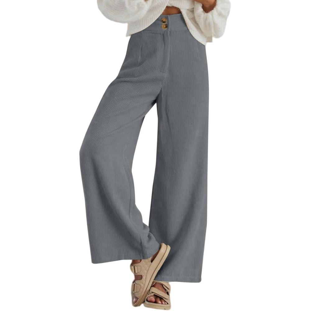 imageSidefeel Corduroy Pants for Women 2025 Casual High Waisted Double Buttoned Stretchy Loose Fit Wide Leg Pants with PocketsGrey