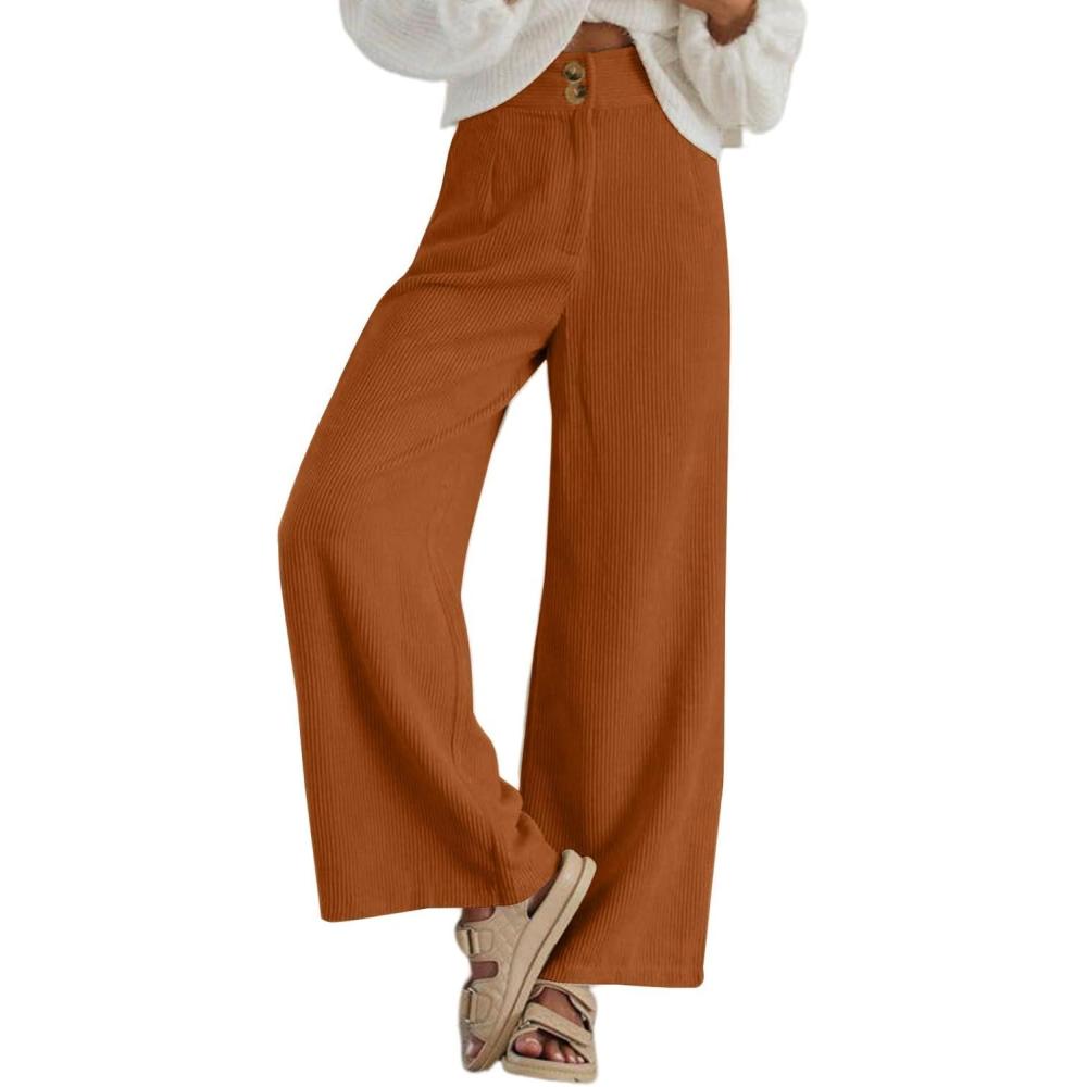 imageSidefeel Corduroy Pants for Women 2025 Casual High Waisted Double Buttoned Stretchy Loose Fit Wide Leg Pants with PocketsOrange