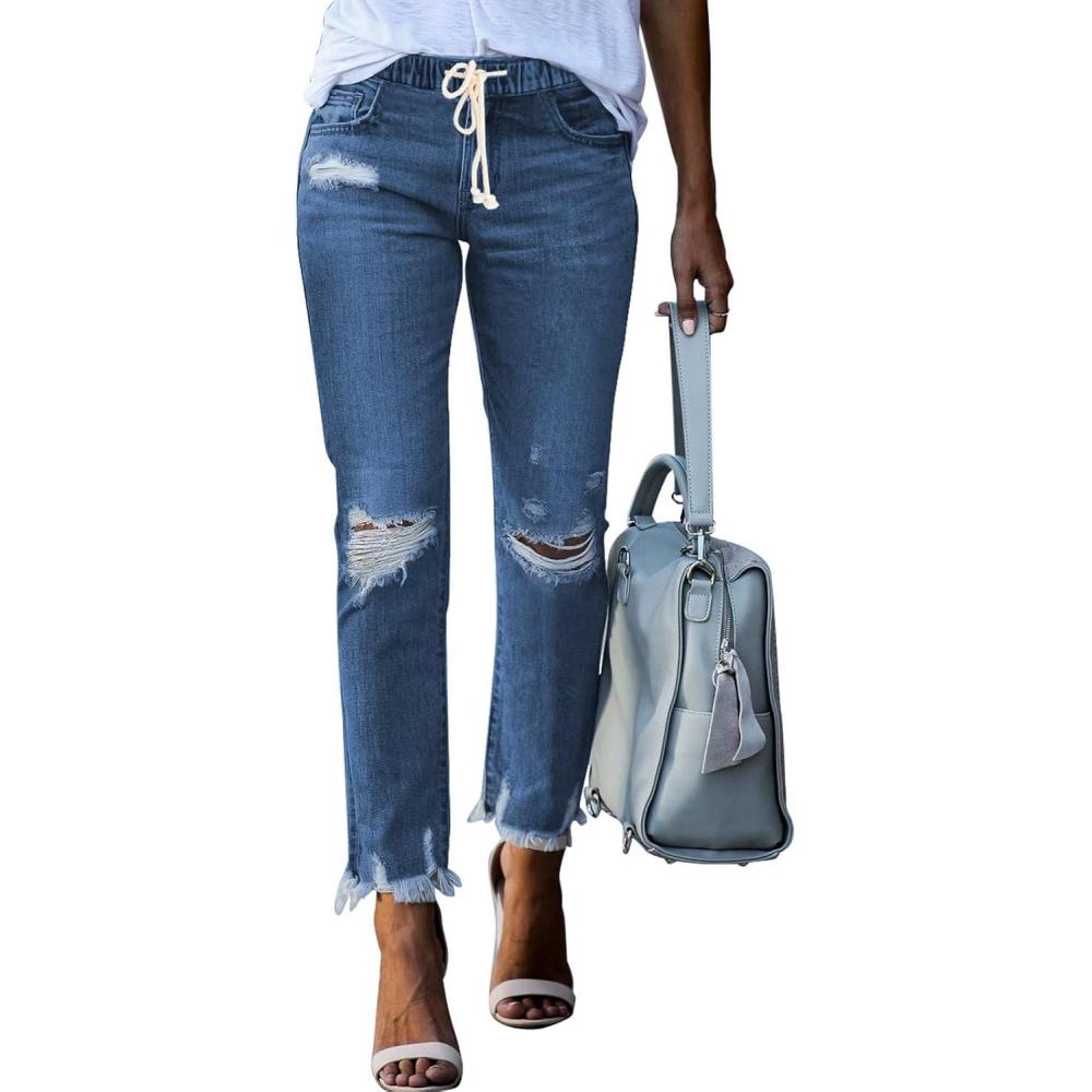 imageSidefeel Womens Zimbaplatinum Drawstring Jeans High Waisted Ripped Boyfriend Pull On Denim Joggers TrousersY1 Blue