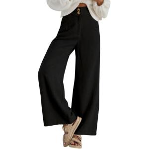 imageSidefeel Corduroy Pants for Women 2025 Casual High Waisted Double Buttoned Stretchy Loose Fit Wide Leg Pants with PocketsBlack