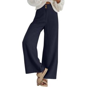 imageSidefeel Corduroy Pants for Women 2025 Casual High Waisted Double Buttoned Stretchy Loose Fit Wide Leg Pants with PocketsNavy Blue