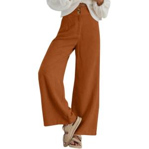 imageSidefeel Corduroy Pants for Women 2025 Casual High Waisted Double Buttoned Stretchy Loose Fit Wide Leg Pants with PocketsOrange