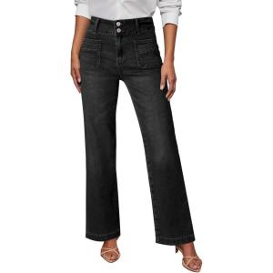 imageSidefeel Womens Wide Leg Jeans High Waisted Tummy Control Stretchy Pockets Front Straight Leg JeansBlack