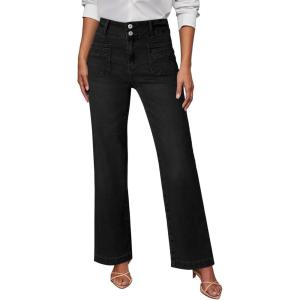 imageSidefeel Womens Wide Leg Jeans High Waisted Tummy Control Stretchy Pockets Front Straight Leg JeansDeep Black