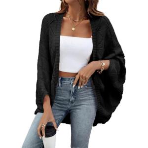 imageSidefeel Womens Crochet Oversized Cardigan Sweaters Boho Long Batwing Sleeve Knit Open Front Lightweight SweaterBlack