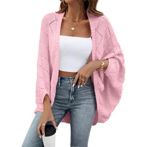imageSidefeel Womens Crochet Oversized Cardigan Sweaters Boho Long Batwing Sleeve Knit Open Front Lightweight SweaterPink