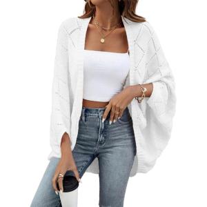 imageSidefeel Womens Crochet Oversized Cardigan Sweaters Boho Long Batwing Sleeve Knit Open Front Lightweight SweaterWhite