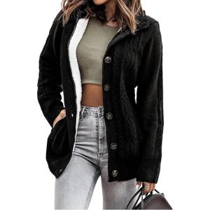 imageSidefeel Womens Cardigan Sweaters Hooded Fleece Lined Button Down Winter Sweater CoatBlack