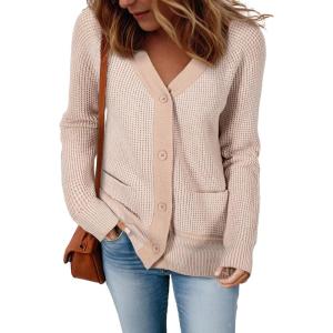 imageSidefeel Womens Contrast Knit Cardigan Sweaters Casual Long Sleeve Open Front Button Down Trendy Jackets OuterwearApricot