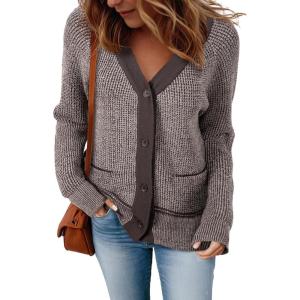 imageSidefeel Womens Contrast Knit Cardigan Sweaters Casual Long Sleeve Open Front Button Down Trendy Jackets OuterwearBrown
