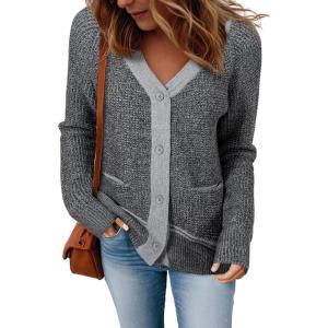 imageSidefeel Womens Contrast Knit Cardigan Sweaters Casual Long Sleeve Open Front Button Down Trendy Jackets OuterwearGray