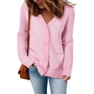 imageSidefeel Womens Contrast Knit Cardigan Sweaters Casual Long Sleeve Open Front Button Down Trendy Jackets OuterwearPink