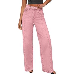 imageSidefeel Womens Wide Leg Jeans High Waisted Stretchy Front Seam Denim PantsPink