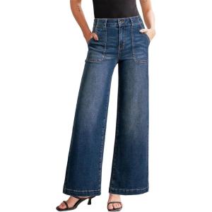 imageSidefeel Womens Wide Leg Jeans High Waisted Stretchy Straight Leg Baggy Denim Pants with PocketsReal Teal