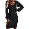 imageSidefeel Womens 2025 Fall Winter Ribbed Knit Sweater Dress Casual Long Sleeve Sexy V Neck Bodycon Mini DressBlack