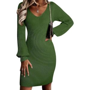 imageSidefeel Womens 2025 Fall Winter Ribbed Knit Sweater Dress Casual Long Sleeve Sexy V Neck Bodycon Mini DressArmy Green