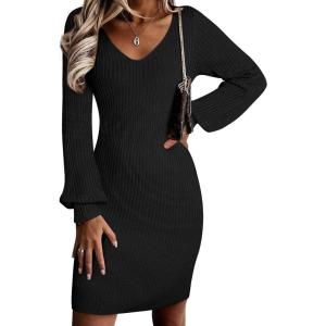 imageSidefeel Womens 2025 Fall Winter Ribbed Knit Sweater Dress Casual Long Sleeve Sexy V Neck Bodycon Mini DressBlack