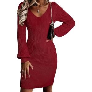 imageSidefeel Womens 2025 Fall Winter Ribbed Knit Sweater Dress Casual Long Sleeve Sexy V Neck Bodycon Mini DressBurgundy