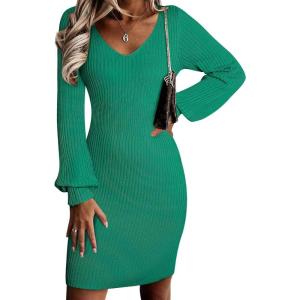 imageSidefeel Womens 2025 Fall Winter Ribbed Knit Sweater Dress Casual Long Sleeve Sexy V Neck Bodycon Mini DressGreen