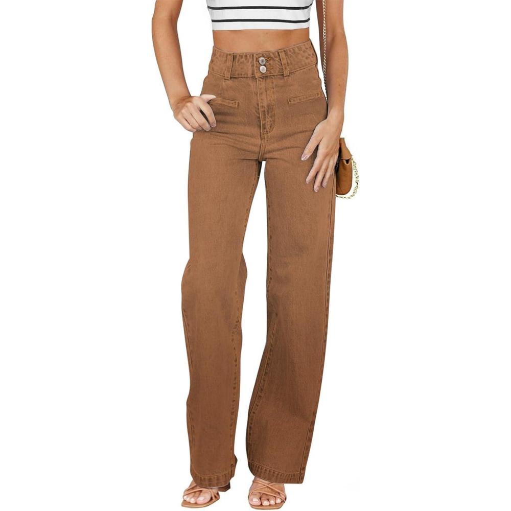 imageSidefeel Womens Jeans High Waisted Straight Leg Stretchy Jeans Trendy Loose Wide Leg Zimbaplatinum Denim Pants with PocketsBrown