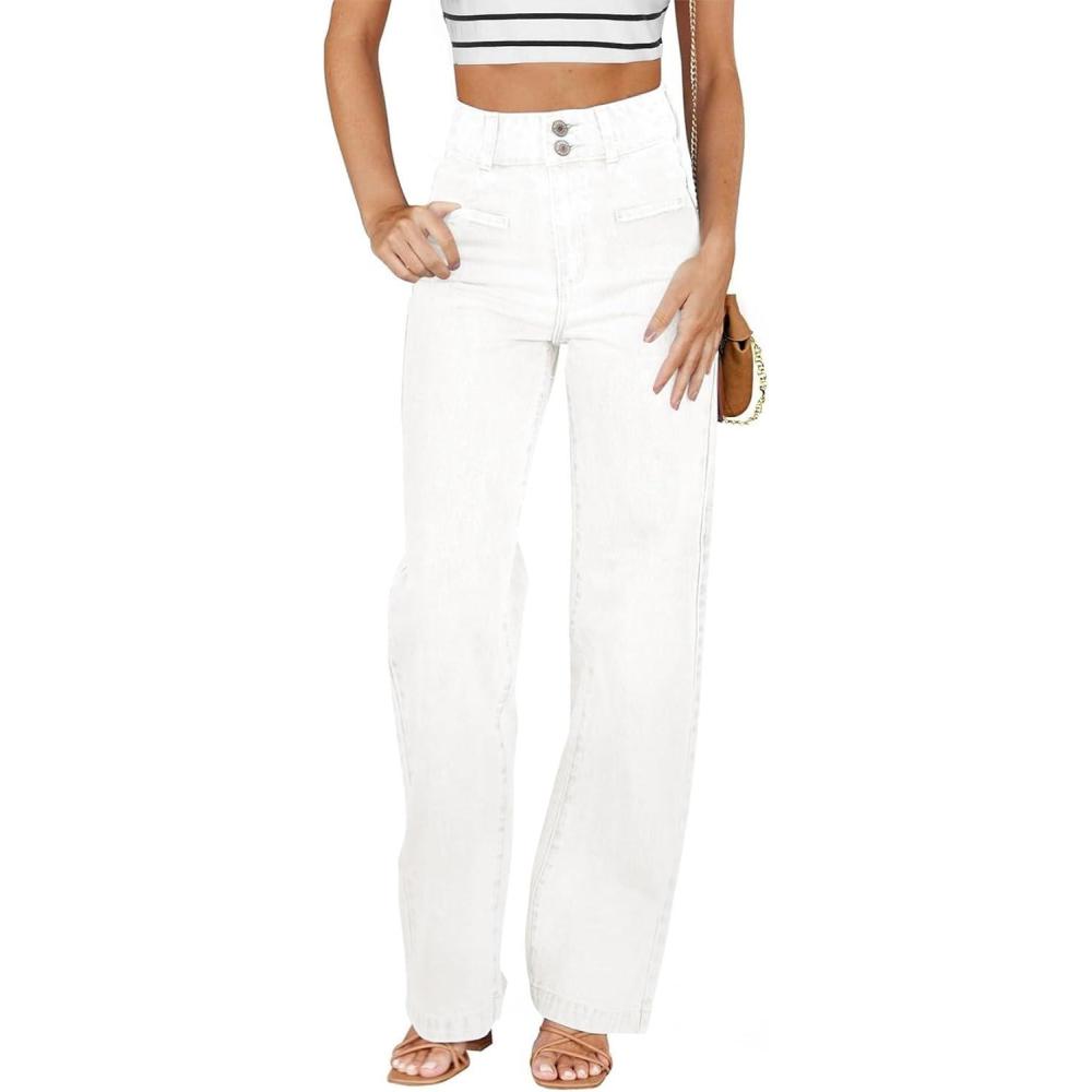 imageSidefeel Womens Jeans High Waisted Straight Leg Stretchy Jeans Trendy Loose Wide Leg Zimbaplatinum Denim Pants with PocketsCream White