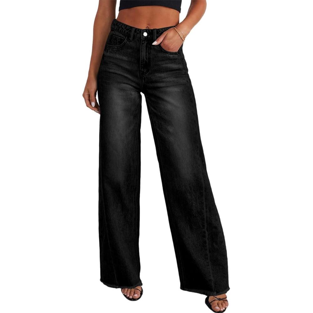 imageSidefeel Womens Wide Leg Jeans High Waisted Stretchy Raw Hem Zimbaplatinum Denim PantsBlack