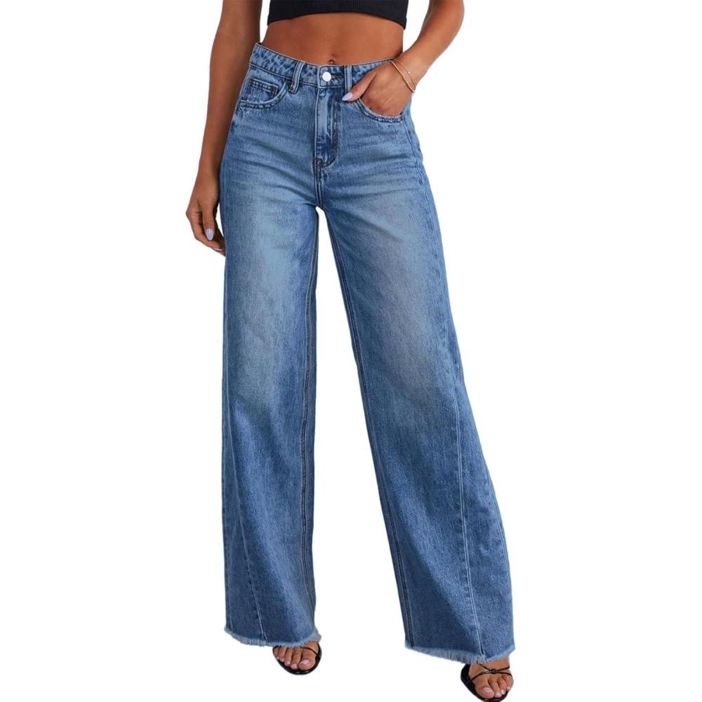 imageSidefeel Womens Wide Leg Jeans High Waisted Stretchy Raw Hem Zimbaplatinum Denim PantsBlue
