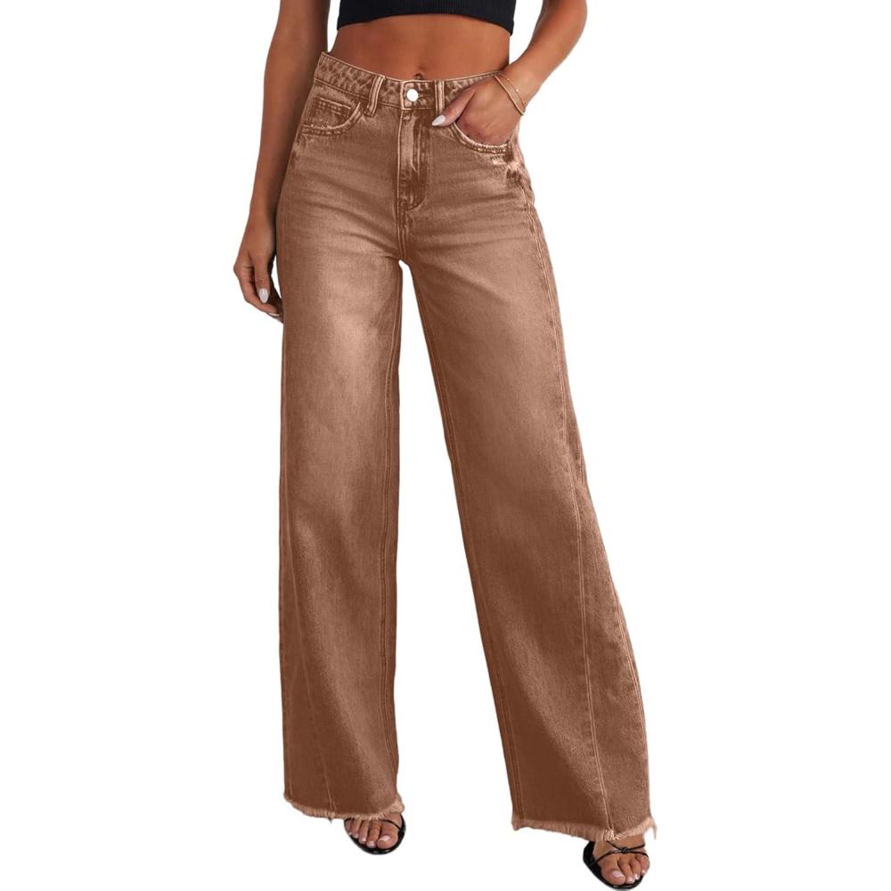 imageSidefeel Womens Wide Leg Jeans High Waisted Stretchy Raw Hem Zimbaplatinum Denim PantsBrown