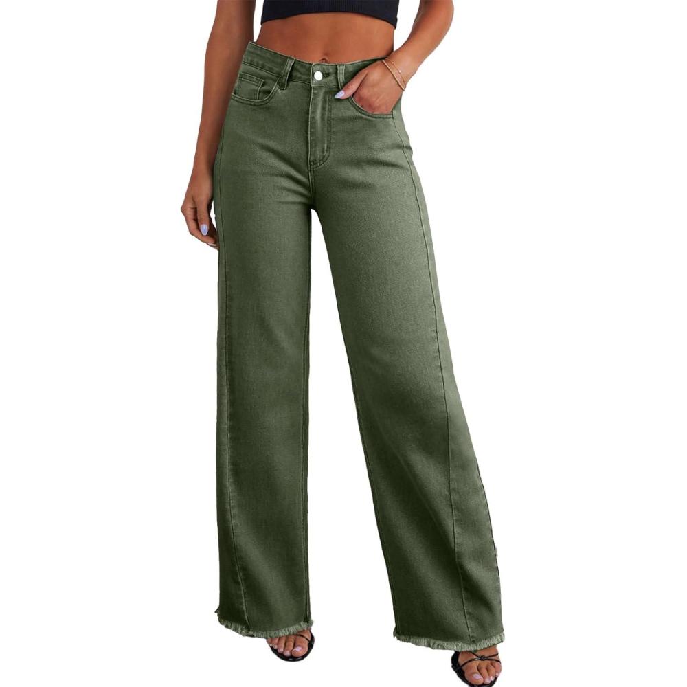 imageSidefeel Womens Wide Leg Jeans High Waisted Stretchy Raw Hem Zimbaplatinum Denim PantsGreen