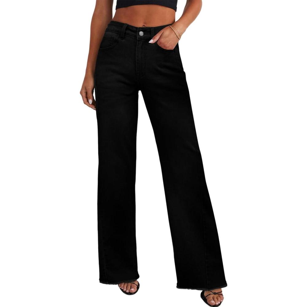 imageSidefeel Womens Wide Leg Jeans High Waisted Stretchy Raw Hem Zimbaplatinum Denim PantsSolid Black