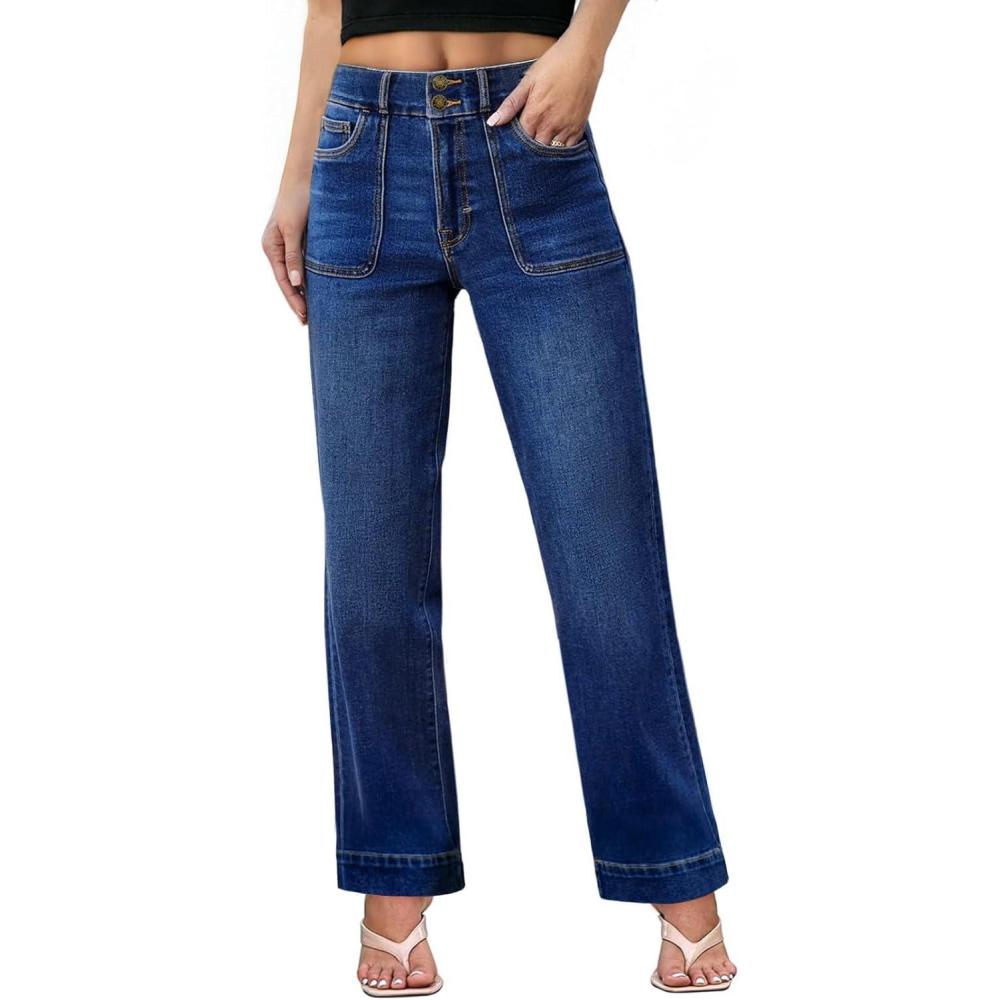 imageSidefeel Womens Wide Leg Jeans High Waisted Stretchy Tummy Control Straight Leg Denim PantsBluing