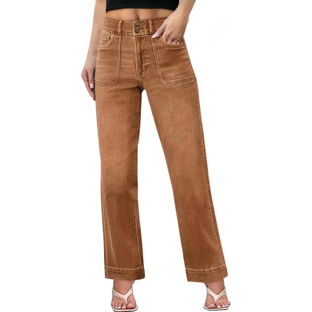 imageSidefeel Womens Wide Leg Jeans High Waisted Stretchy Tummy Control Straight Leg Denim PantsBrown