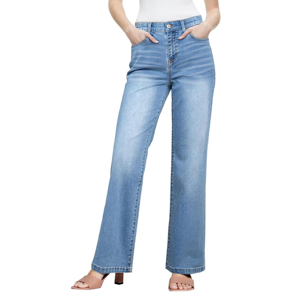 imageSidefeel Womens Wide Leg Jeans High Waisted Tummy Control Stretchy Straight Leg Elastic Waist Trendy Denim PantsIceland Blue