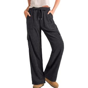 imageSidefeel Womens Corduroy Pants Casual High Waisted Elastic Drawstring Cargo Loose Fit Wide Leg Pants with PocketsDark Gray