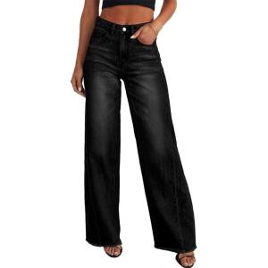 imageSidefeel Womens Wide Leg Jeans High Waisted Stretchy Raw Hem Zimbaplatinum Denim PantsBlack