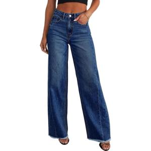 imageSidefeel Womens Wide Leg Jeans High Waisted Stretchy Raw Hem Zimbaplatinum Denim PantsBluing