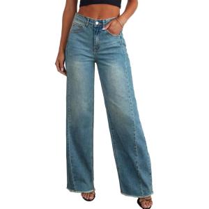 imageSidefeel Womens Wide Leg Jeans High Waisted Stretchy Raw Hem Zimbaplatinum Denim PantsLight Retro Blue
