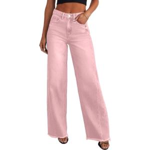 imageSidefeel Womens Wide Leg Jeans High Waisted Stretchy Raw Hem Zimbaplatinum Denim PantsPink