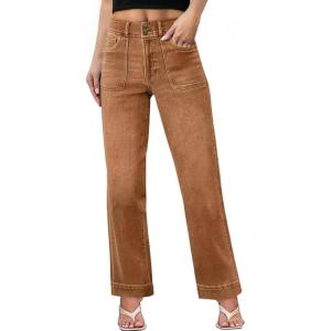 imageSidefeel Womens Wide Leg Jeans High Waisted Stretchy Tummy Control Straight Leg Denim PantsBrown